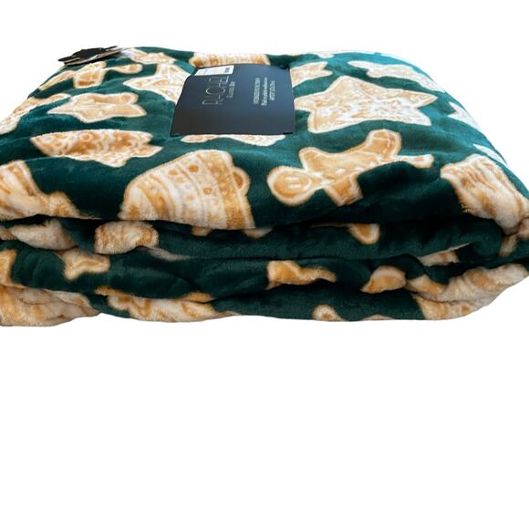 Rachel Roy Christmas Green Gingerbread Cookie Plush Oversized Throw Blanket New - Picture 11 of 15